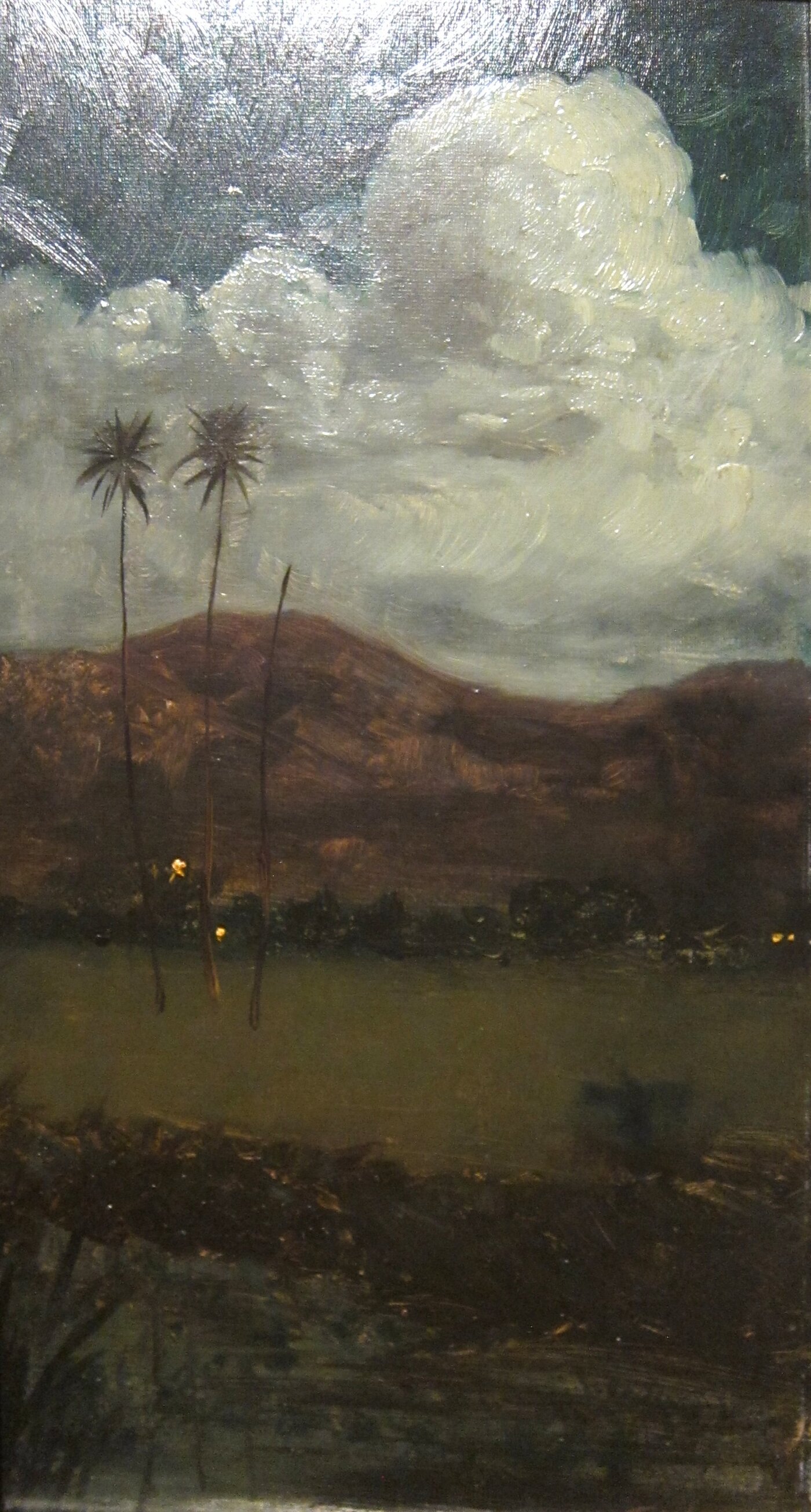 Honolulu Evening — a 1902 oil painting by Theodore Wores, depicting palms silhouetted against a twilight sky, with a small village glowing below — the hour of a lullaby.