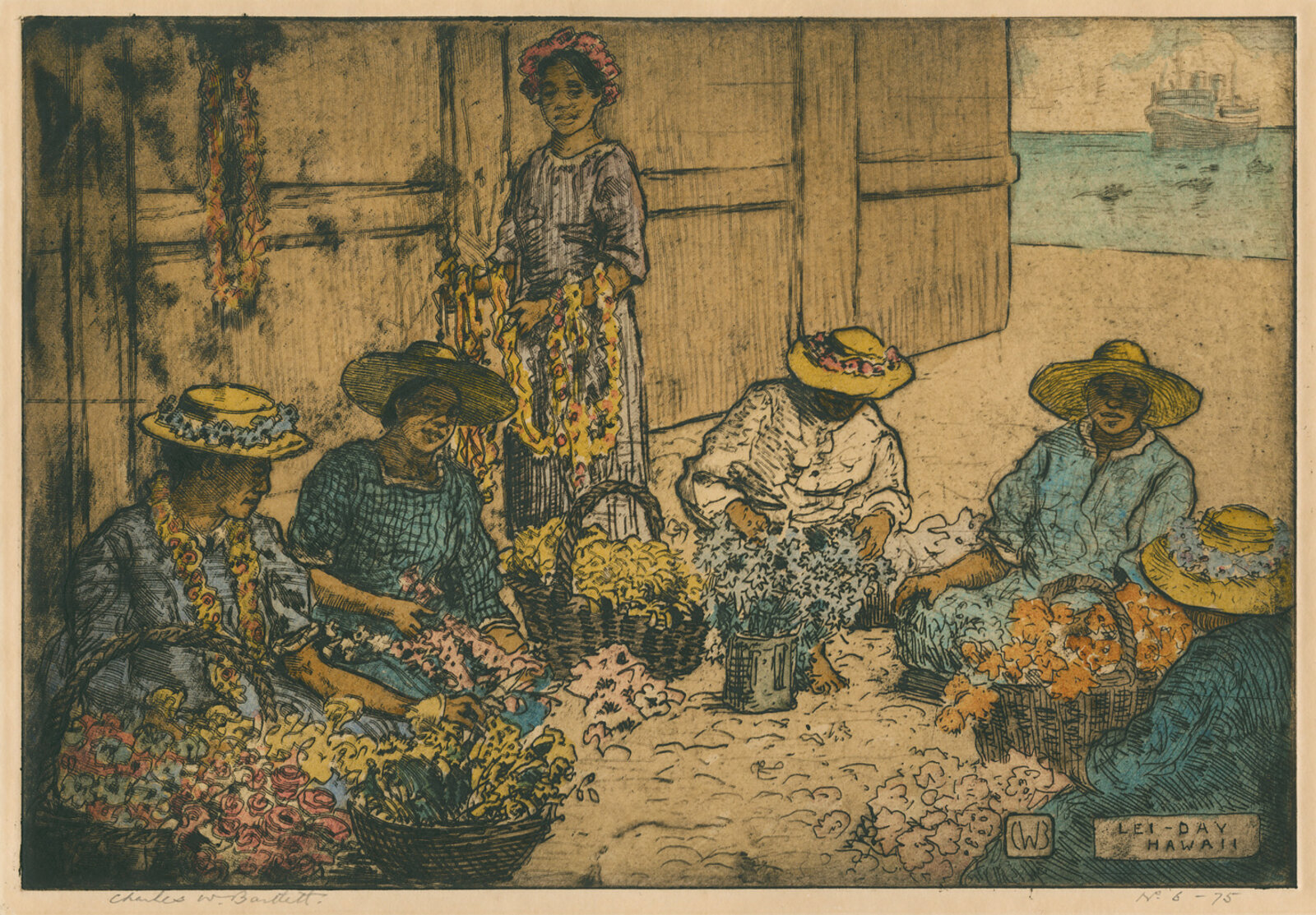 Lei Day Hawaii — a 1923–27 hand-coloured etching by Charles W. Bartlett, depicting Hawaiian women weaving lei together as a child stands among them.