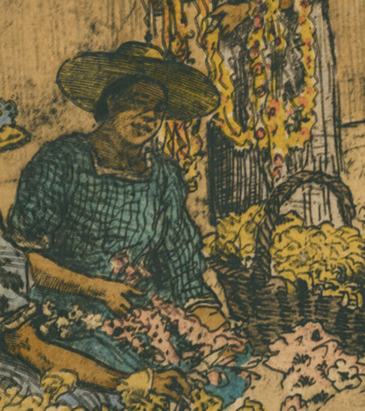 Detail of a young Hawaiian woman weaving lei, from Charles W. Bartlett's Lei Day Hawaii (1923–27).