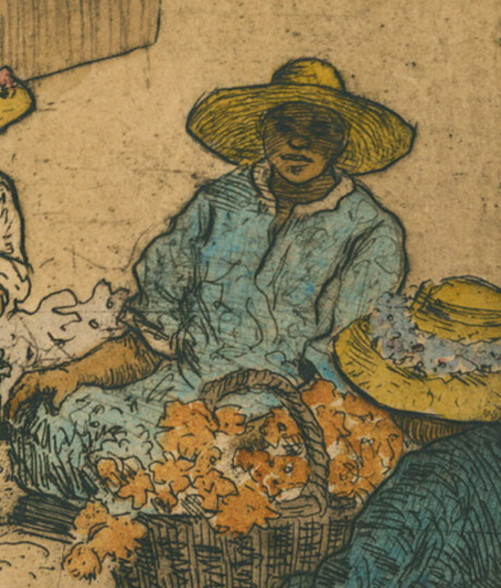 Detail of an older Hawaiian woman at her lei work, from Bartlett's Lei Day Hawaii.